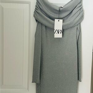 Zara Silver Metallic Mini Dress Size S New with Tags